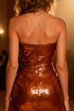 Burunt Orange Strapless Sequin Bodycon Cocktail Dress