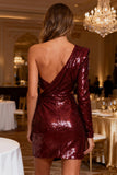 Sparkly Asymmetrical Burgundy Cut Out Cocktail Dress