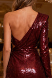 Sparkly Asymmetrical Burgundy Cut Out Cocktail Dress