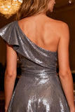 Sparkly One Shoulder Grey A Line Ruffled Cocktail Dress