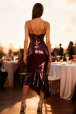 Sparkly Ruffled Burgundy Midi Holiday Party Dress