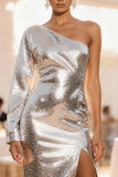 Sparkly One Shoulder Sheath Silver Holiday Party Dress