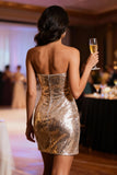 Sparkly Champagne Strapless Bodycon Cocktail Dress with Slit