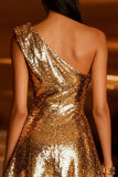 Sparkly Gold One Shoulder A Line Cocktail Dress