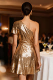 Sparkly Gold One Shoulder Short Sleeve Cocktail Dress