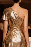 Sparkly Gold One Shoulder Short Sleeve Cocktail Dress