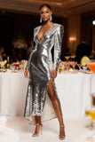Silver Sequin Long Sleeve V Neck Holiday Party Dress