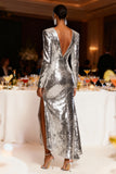 Silver Sequin Long Sleeve V Neck Holiday Party Dress