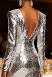 Silver Sequin Long Sleeve V Neck Holiday Party Dress