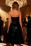 Sparkly Black Strapless Corset A Line Cocktail Dress