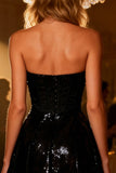 Sparkly Black Strapless Corset A Line Cocktail Dress