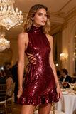High Neck Burgundy Sequin Cocktail Dress with Ruffles