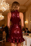 High Neck Burgundy Sequin Cocktail Dress with Ruffles