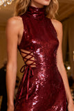High Neck Burgundy Sequin Cocktail Dress with Ruffles