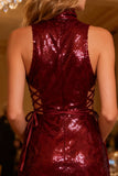 High Neck Burgundy Sequin Cocktail Dress with Ruffles