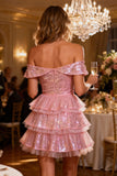 Sparkly Pink Tiered Off the Shoulder Cocktail Dress