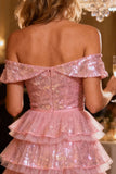 Sparkly Pink Tiered Off the Shoulder Cocktail Dress