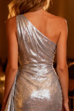 Sparkly Silver One Shoulder Ruffled Short Cocktail Dress