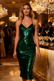 Sparkly Dark Green Bowed Midi Cocktail Dress