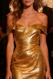 Sparkly Off the Shoulder Gold Ruffled Cocktail Dress