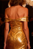 Sparkly Off the Shoulder Gold Ruffled Cocktail Dress