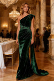 Velvet One Shoulder Mermaid Dark Green Evening Dress