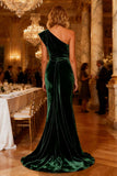 Velvet One Shoulder Mermaid Dark Green Evening Dress