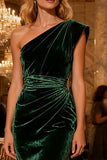 Velvet One Shoulder Mermaid Dark Green Evening Dress