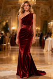 One Shoulder Velvet Burgundy Mermaid Formal Dress
