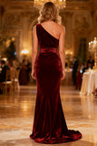 One Shoulder Velvet Burgundy Mermaid Formal Dress