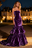 Purple Tiered Velvet Strapless Evening Dress