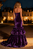 Purple Tiered Velvet Strapless Evening Dress