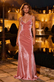 Spaghetti Straps Velvet Beaded Pink Formal Dress