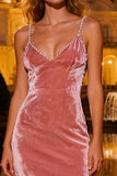 Spaghetti Straps Velvet Beaded Pink Formal Dress