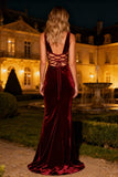 Velvet V Neck Crossed Straps Burgundy Evening Dress