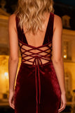 Velvet V Neck Crossed Straps Burgundy Evening Dress