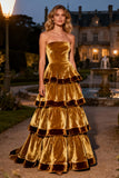 Strapless Tiered Velvet Brown Evening Dress