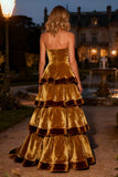 Strapless Tiered Velvet Brown Evening Dress