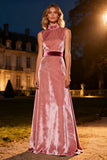 Pink Velvet High Neck Evening Dress with Belt