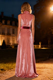 Pink Velvet High Neck Evening Dress with Belt