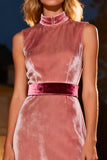 Pink Velvet High Neck Evening Dress with Belt