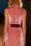Pink Velvet High Neck Evening Dress with Belt