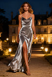 Silver Spaghetti Straps Velvet Formal Dress with Slit