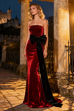 Velvet Burgundy Strapless Mermaid Evening Dress with Bow