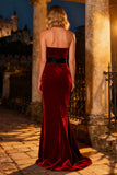 Velvet Burgundy Strapless Mermaid Evening Dress with Bow