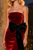 Velvet Burgundy Strapless Mermaid Evening Dress with Bow