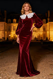 Long Sleeve Round Neck Velvet Burgundy Holiday Party Dress