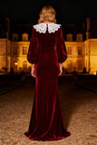 Long Sleeve Round Neck Velvet Burgundy Holiday Party Dress