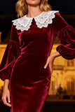Long Sleeve Round Neck Velvet Burgundy Holiday Party Dress