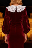 Long Sleeve Round Neck Velvet Burgundy Holiday Party Dress